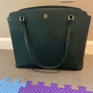 Tory Burch Emerson emerald green top zip tote bag